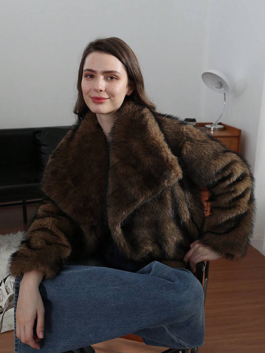 HH Faux Fur Jacket For Women Elegant Solid Lapel Long Sleeve Coat Casual Loose Female Winter Oversize Lady Chic Streetwear Jakcets