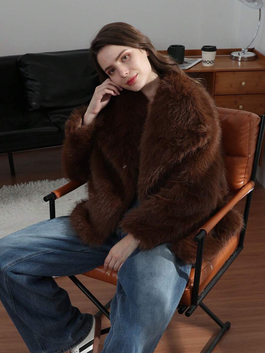 HH Faux Fur Jacket For Women Elegant Solid Lapel Long Sleeve Coat Casual Loose Female Winter Oversize Lady Chic Streetwear Jakcets