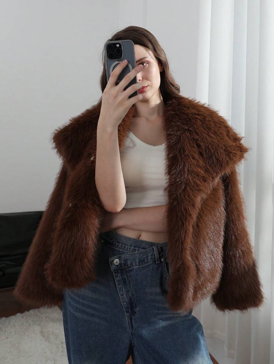 HH Faux Fur Jacket For Women Elegant Solid Lapel Long Sleeve Coat Casual Loose Female Winter Oversize Lady Chic Streetwear Jakcets