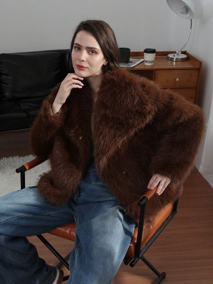 HH Faux Fur Jacket For Women Elegant Solid Lapel Long Sleeve Coat Casual Loose Female Winter Oversize Lady Chic Streetwear Jakcets