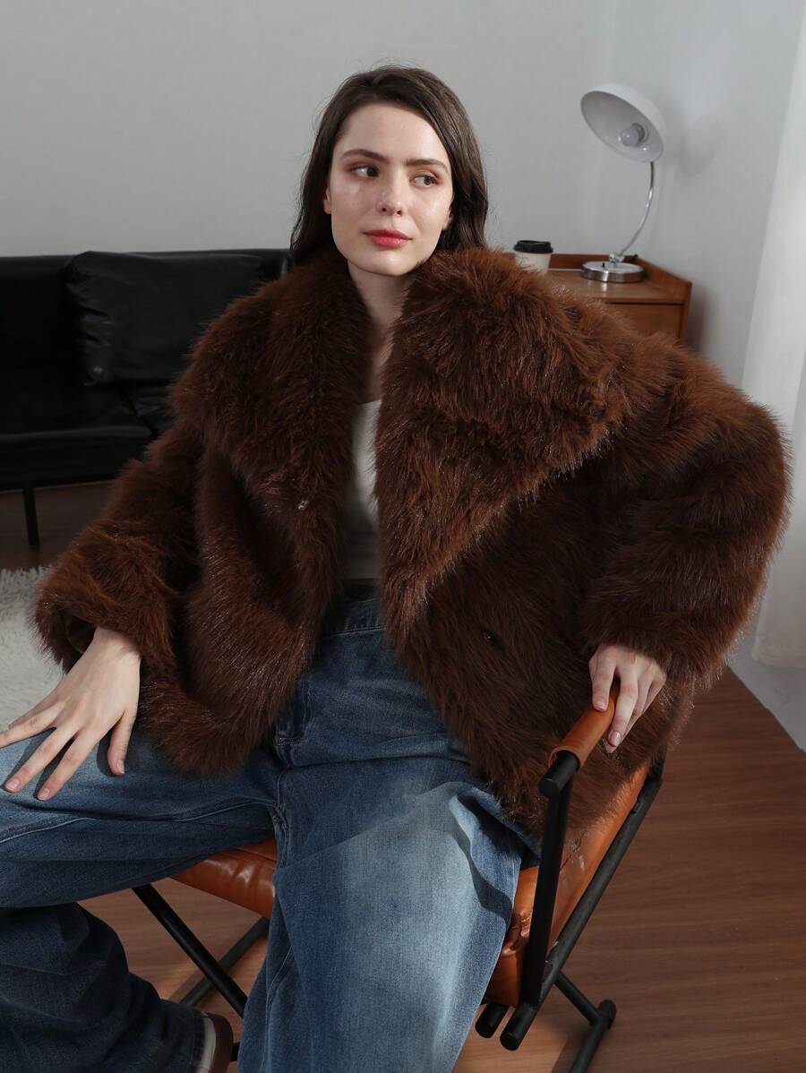 HH Faux Fur Jacket For Women Elegant Solid Lapel Long Sleeve Coat Casual Loose Female Winter Oversize Lady Chic Streetwear Jakcets