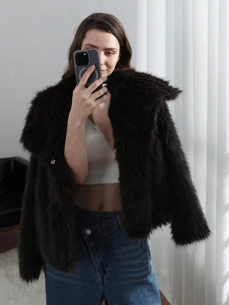 HH Faux Fur Jacket For Women Elegant Solid Lapel Long Sleeve Coat Casual Loose Female Winter Oversize Lady Chic Streetwear Jakcets