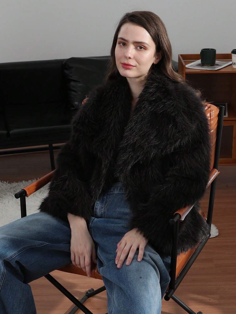 HH Faux Fur Jacket For Women Elegant Solid Lapel Long Sleeve Coat Casual Loose Female Winter Oversize Lady Chic Streetwear Jakcets