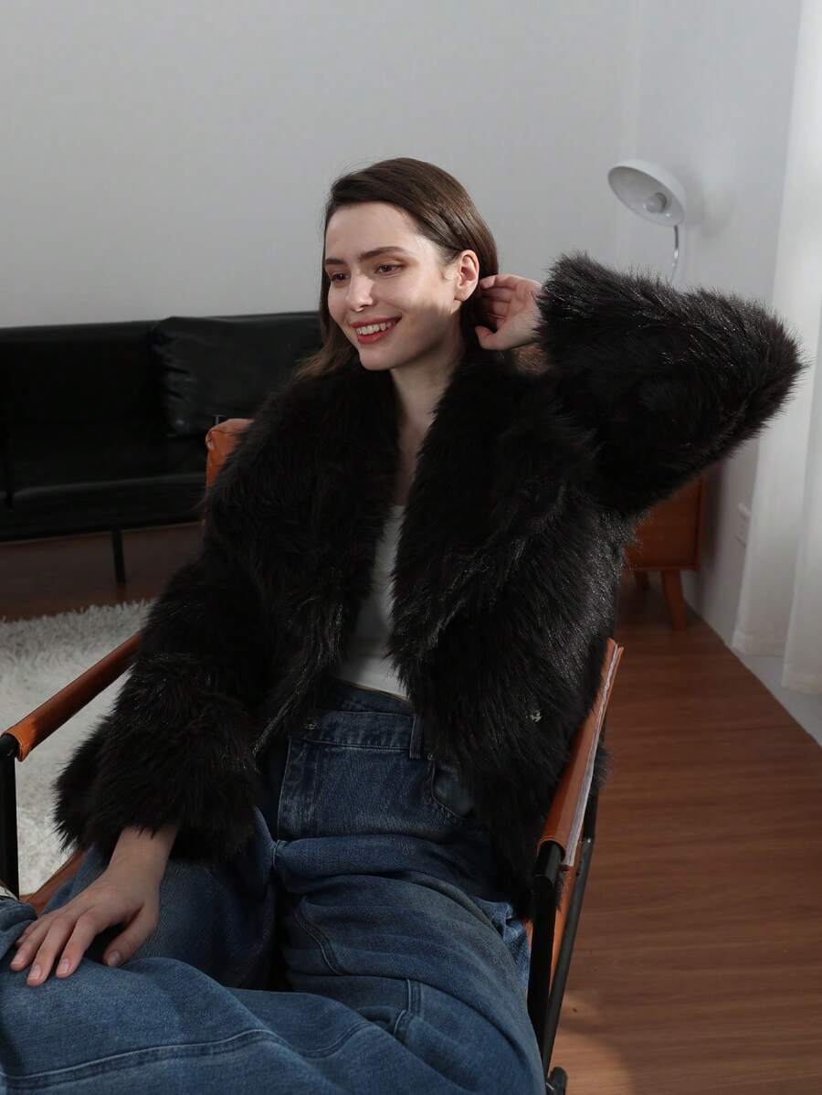 HH Faux Fur Jacket For Women Elegant Solid Lapel Long Sleeve Coat Casual Loose Female Winter Oversize Lady Chic Streetwear Jakcets