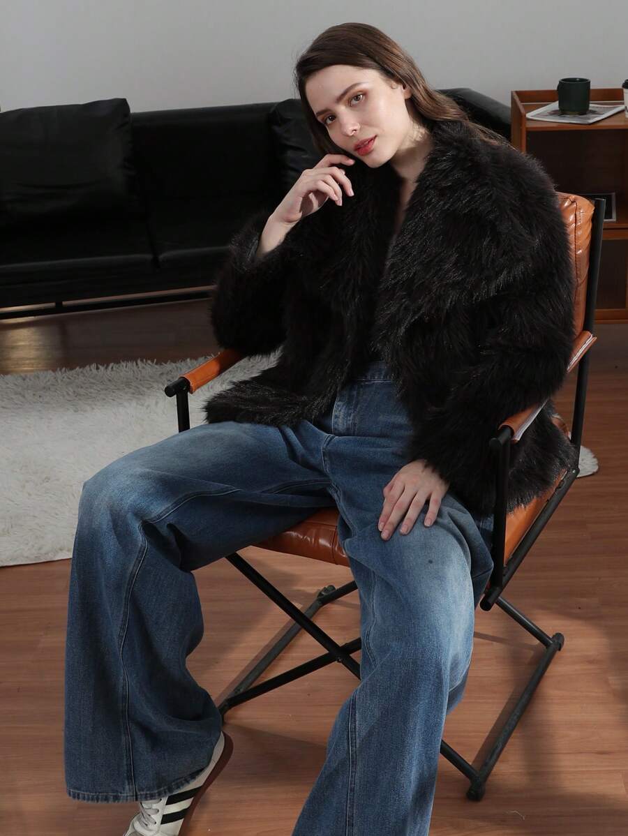 HH Faux Fur Jacket For Women Elegant Solid Lapel Long Sleeve Coat Casual Loose Female Winter Oversize Lady Chic Streetwear Jakcets
