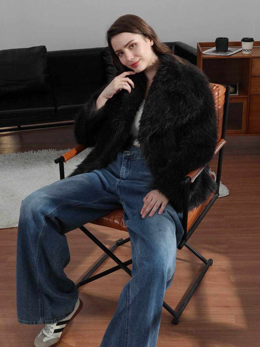 HH Faux Fur Jacket For Women Elegant Solid Lapel Long Sleeve Coat Casual Loose Female Winter Oversize Lady Chic Streetwear Jakcets