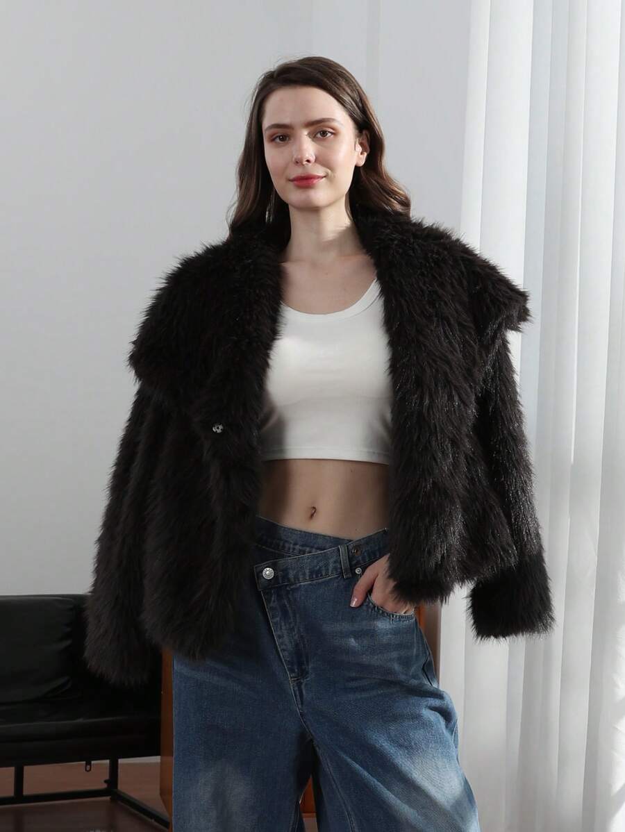 HH Faux Fur Jacket For Women Elegant Solid Lapel Long Sleeve Coat Casual Loose Female Winter Oversize Lady Chic Streetwear Jakcets