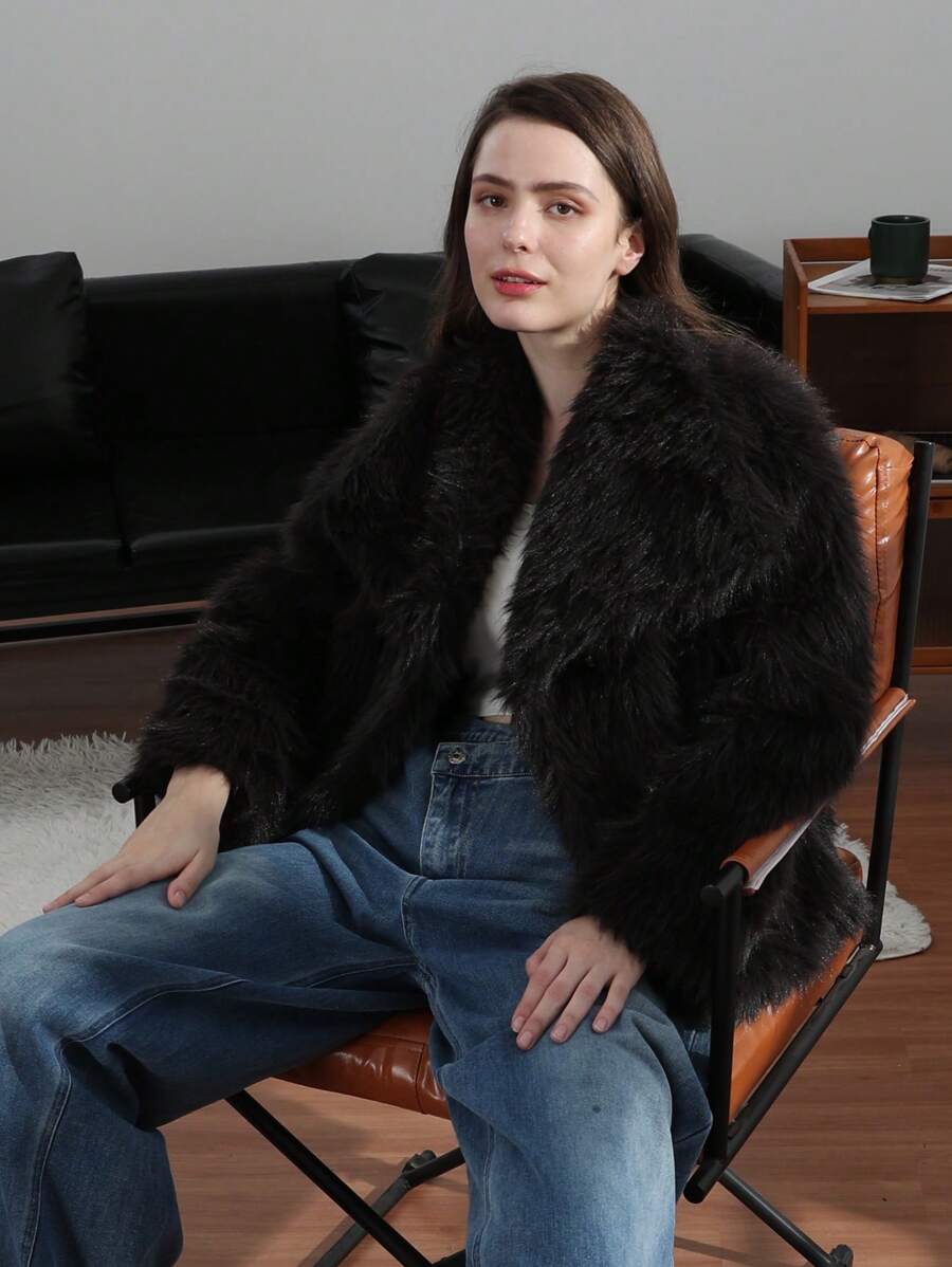 HH Faux Fur Jacket For Women Elegant Solid Lapel Long Sleeve Coat Casual Loose Female Winter Oversize Lady Chic Streetwear Jakcets
