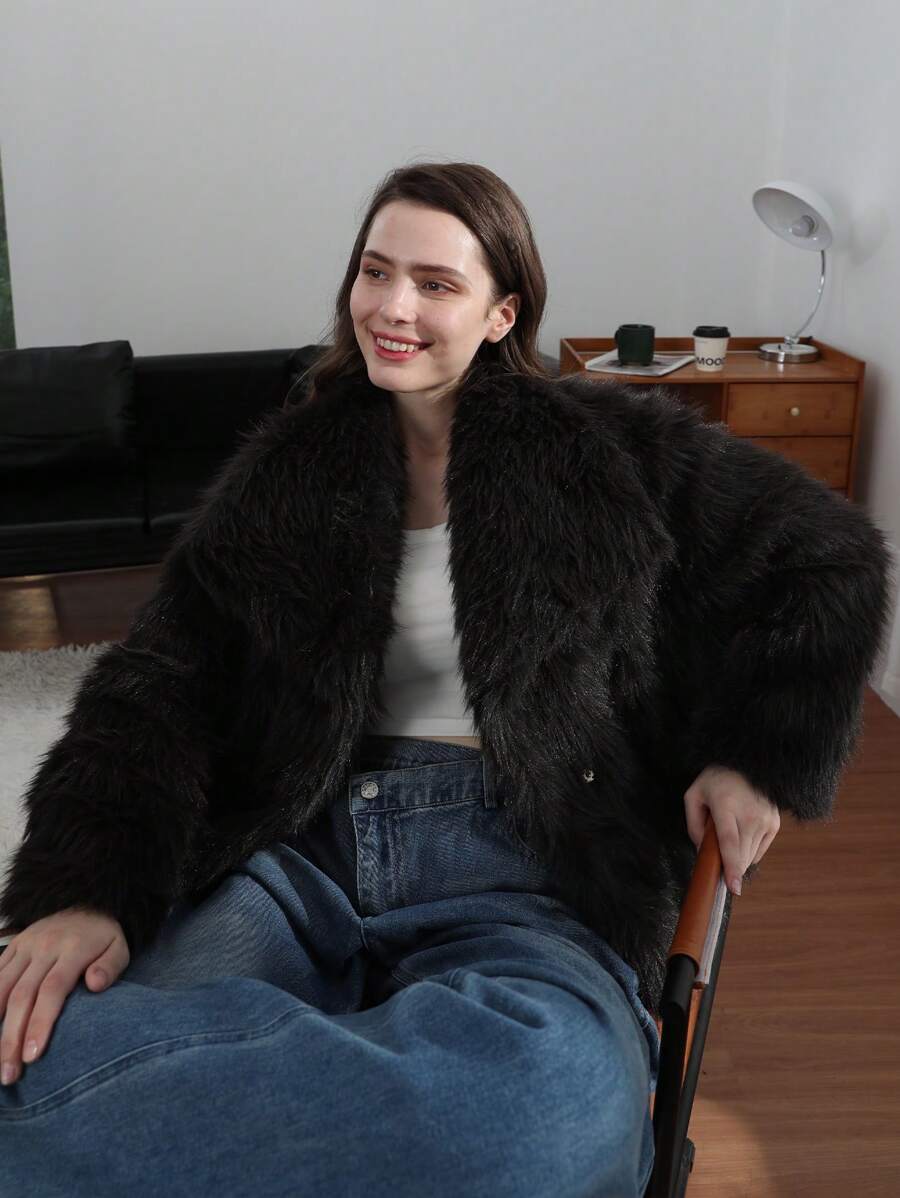 HH Faux Fur Jacket For Women Elegant Solid Lapel Long Sleeve Coat Casual Loose Female Winter Oversize Lady Chic Streetwear Jakcets
