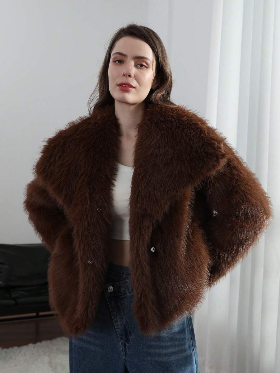 HH Faux Fur Jacket For Women Elegant Solid Lapel Long Sleeve Coat Casual Loose Female Winter Oversize Lady Chic Streetwear Jakcets