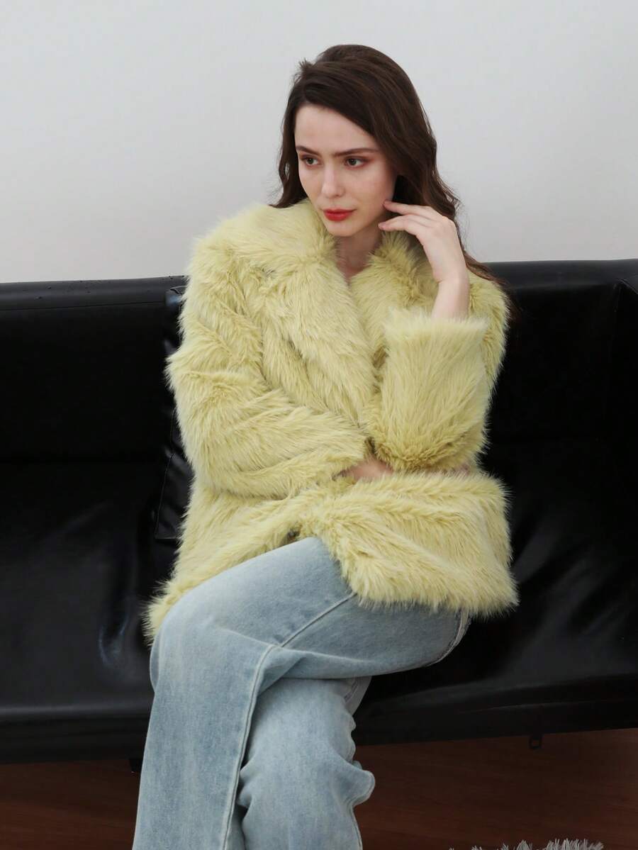 HH Women Vintage Solid Faux Fur Coat Loose Casual Long Sleeve Lapel Jacket Winter Thick Warm Outerwear Oversize Style
