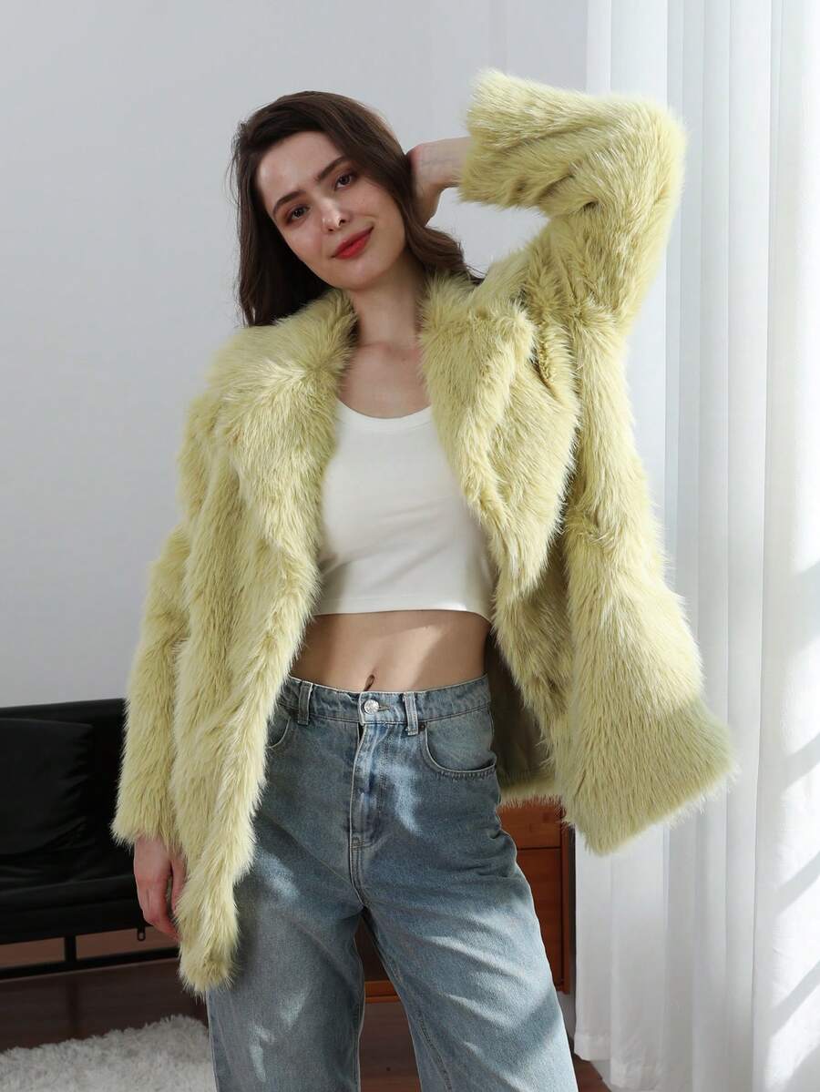 HH Women Vintage Solid Faux Fur Coat Loose Casual Long Sleeve Lapel Jacket Winter Thick Warm Outerwear Oversize Style
