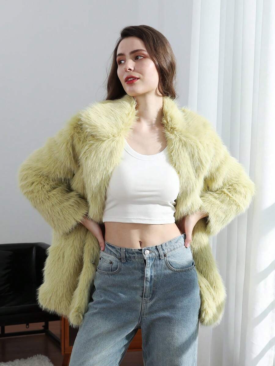 HH Women Vintage Solid Faux Fur Coat Loose Casual Long Sleeve Lapel Jacket Winter Thick Warm Outerwear Oversize Style