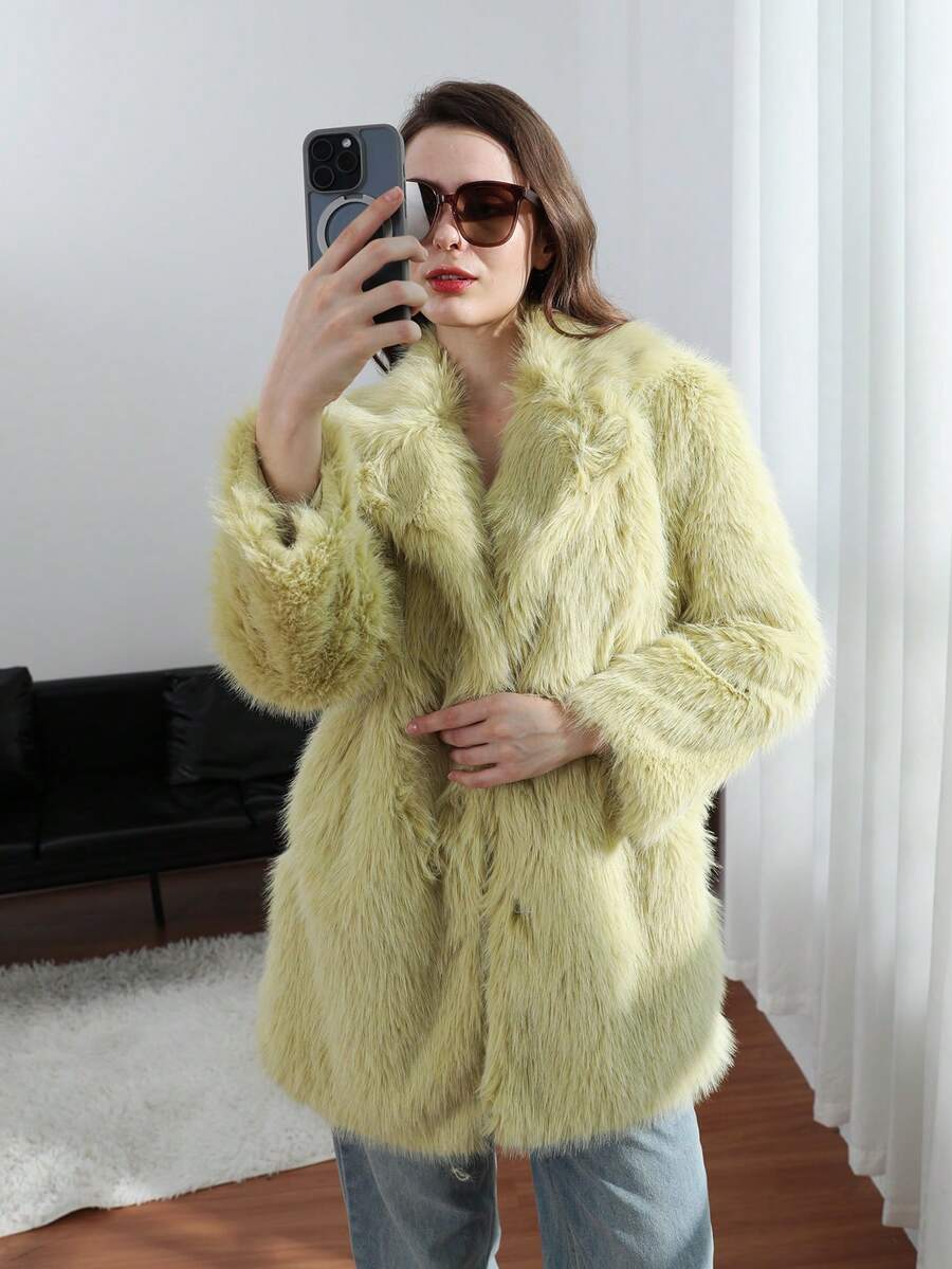 HH Women Vintage Solid Faux Fur Coat Loose Casual Long Sleeve Lapel Jacket Winter Thick Warm Outerwear Oversize Style