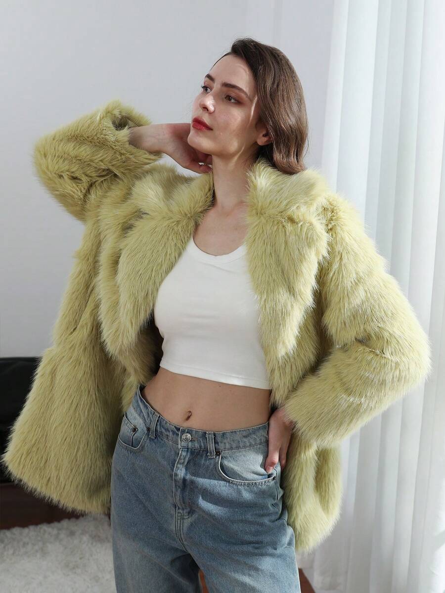 HH Women Vintage Solid Faux Fur Coat Loose Casual Long Sleeve Lapel Jacket Winter Thick Warm Outerwear Oversize Style