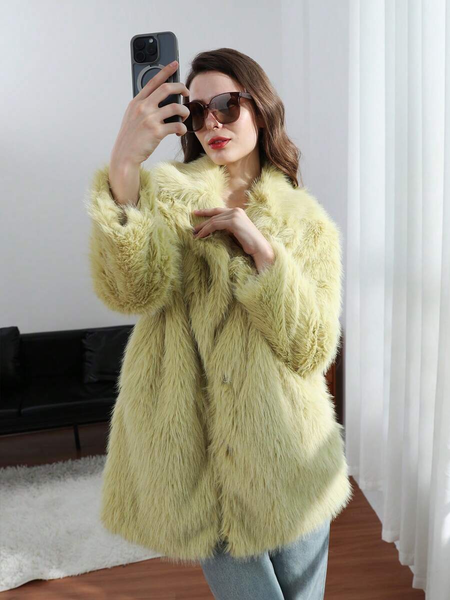 HH Women Vintage Solid Faux Fur Coat Loose Casual Long Sleeve Lapel Jacket Winter Thick Warm Outerwear Oversize Style