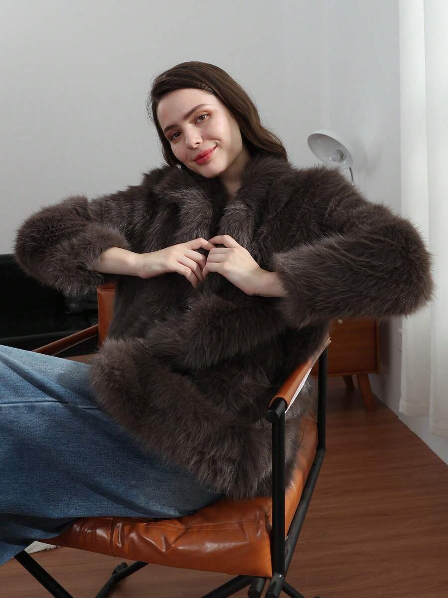 HH Women Vintage Solid Faux Fur Coat Loose Casual Long Sleeve Lapel Jacket Winter Thick Warm Outerwear Oversize Style