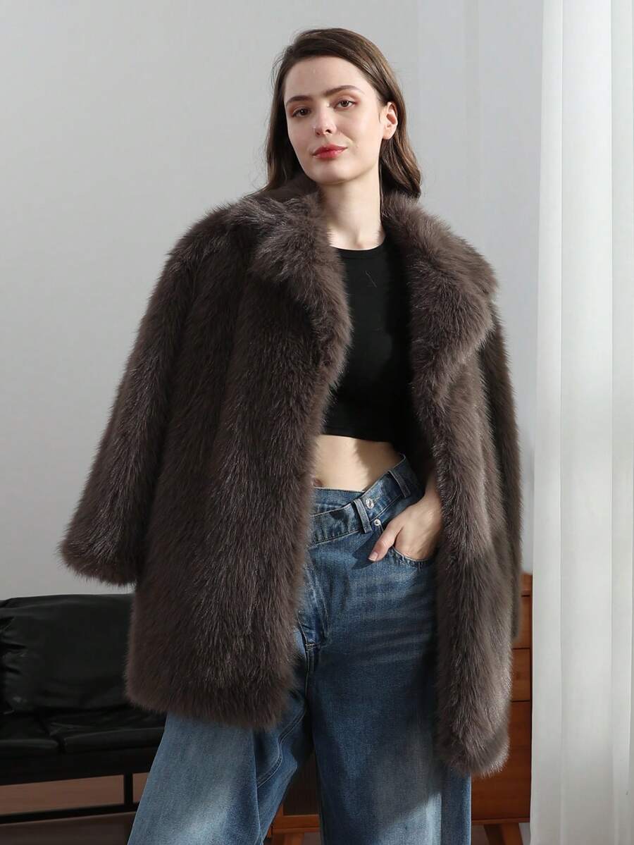HH Women Vintage Solid Faux Fur Coat Loose Casual Long Sleeve Lapel Jacket Winter Thick Warm Outerwear Oversize Style