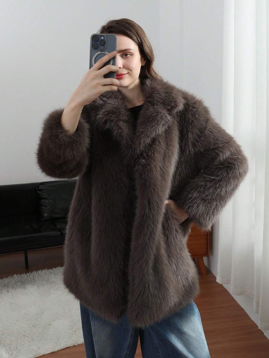 HH Women Vintage Solid Faux Fur Coat Loose Casual Long Sleeve Lapel Jacket Winter Thick Warm Outerwear Oversize Style
