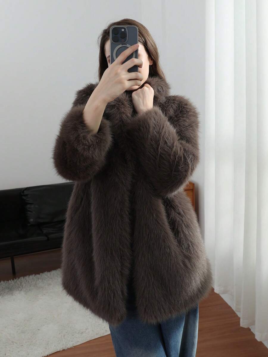 HH Women Vintage Solid Faux Fur Coat Loose Casual Long Sleeve Lapel Jacket Winter Thick Warm Outerwear Oversize Style