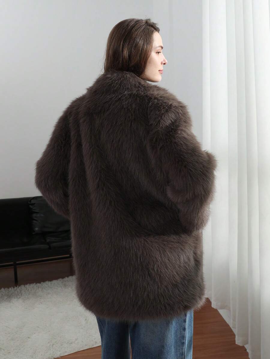 HH Women Vintage Solid Faux Fur Coat Loose Casual Long Sleeve Lapel Jacket Winter Thick Warm Outerwear Oversize Style