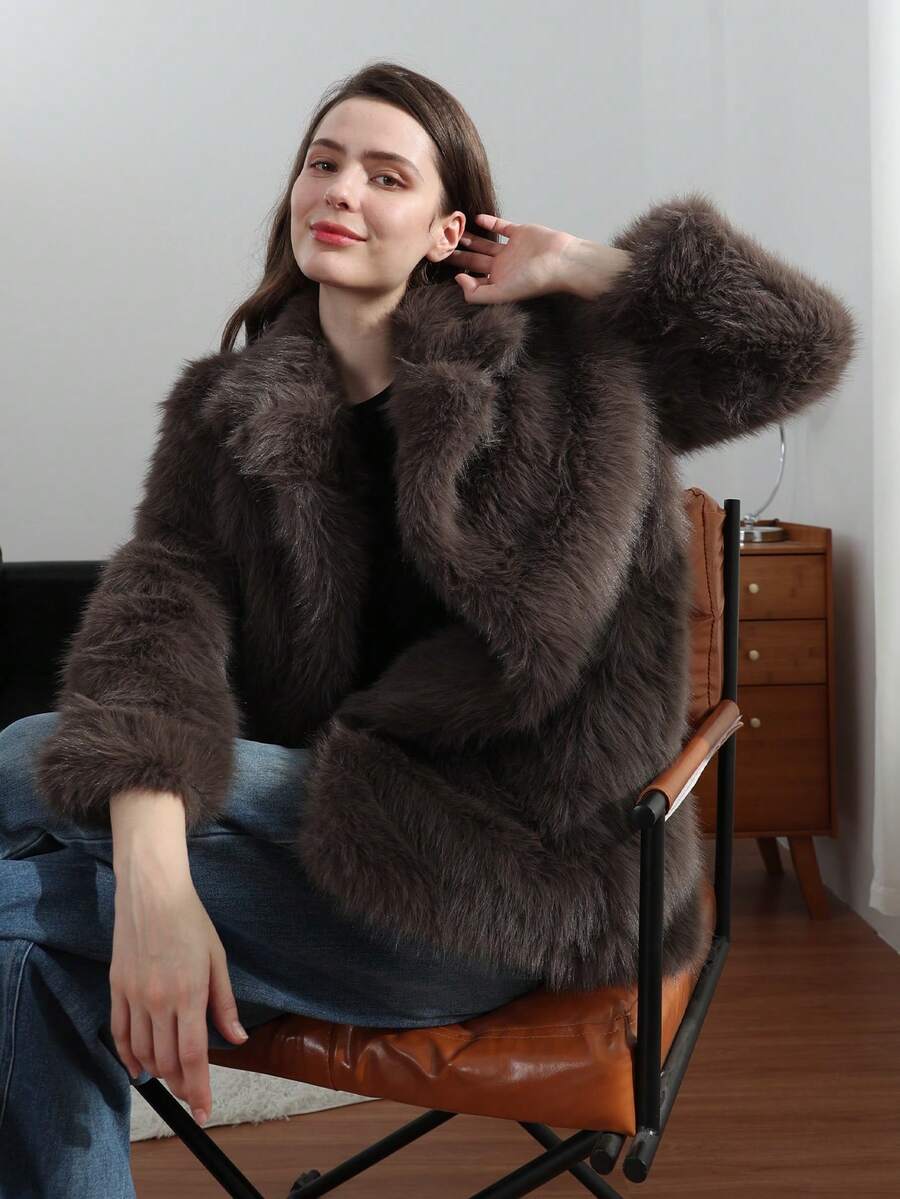 HH Women Vintage Solid Faux Fur Coat Loose Casual Long Sleeve Lapel Jacket Winter Thick Warm Outerwear Oversize Style