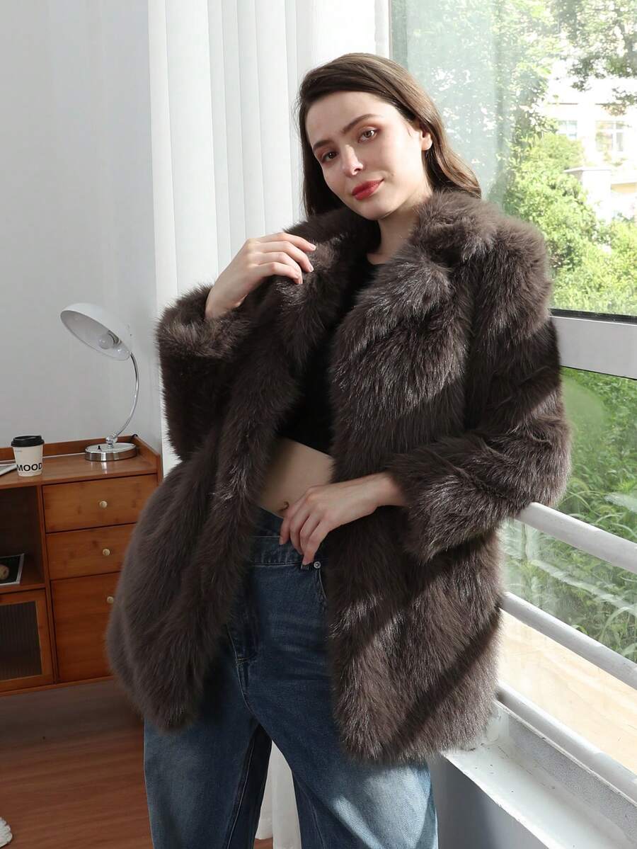 HH Women Vintage Solid Faux Fur Coat Loose Casual Long Sleeve Lapel Jacket Winter Thick Warm Outerwear Oversize Style