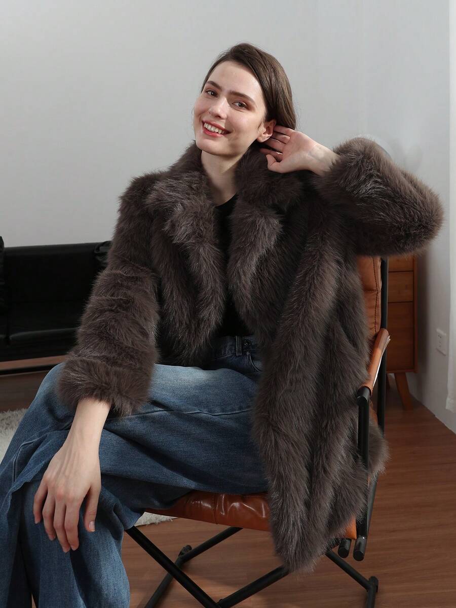 HH Women Vintage Solid Faux Fur Coat Loose Casual Long Sleeve Lapel Jacket Winter Thick Warm Outerwear Oversize Style