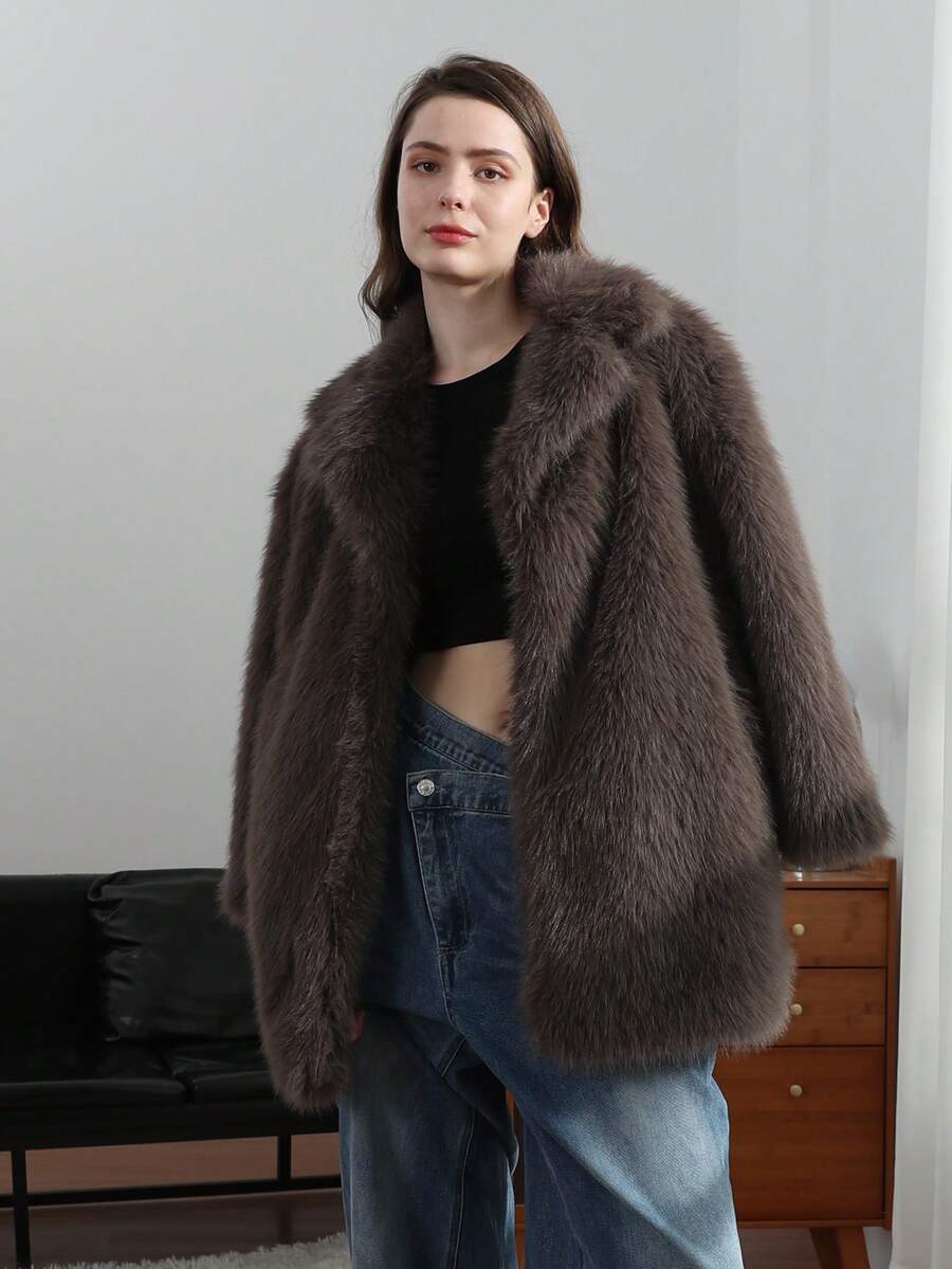 HH Women Vintage Solid Faux Fur Coat Loose Casual Long Sleeve Lapel Jacket Winter Thick Warm Outerwear Oversize Style