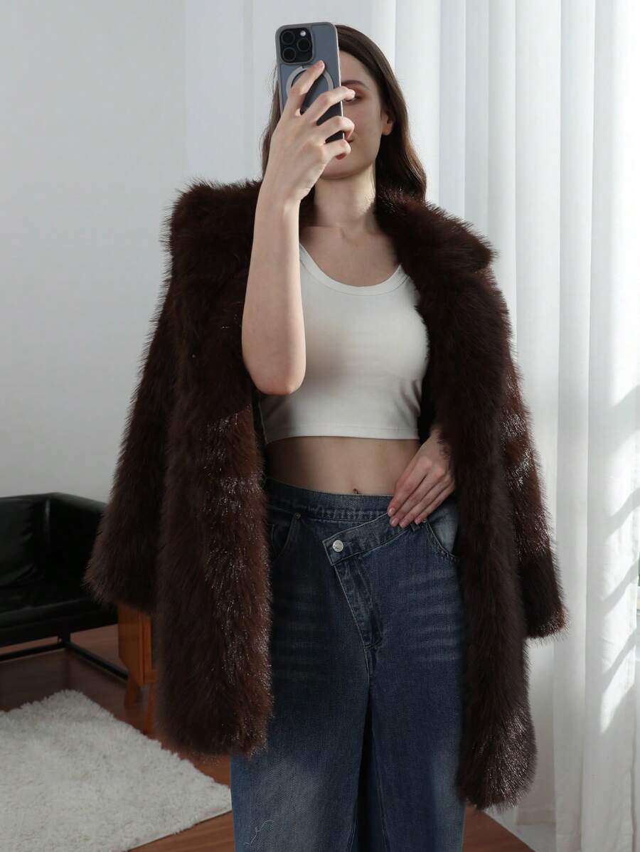 HH Women Vintage Solid Faux Fur Coat Loose Casual Long Sleeve Lapel Jacket Winter Thick Warm Outerwear Oversize Style