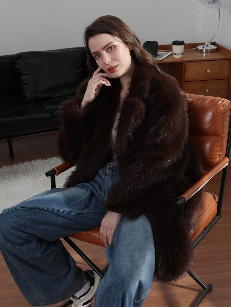 HH Women Vintage Solid Faux Fur Coat Loose Casual Long Sleeve Lapel Jacket Winter Thick Warm Outerwear Oversize Style