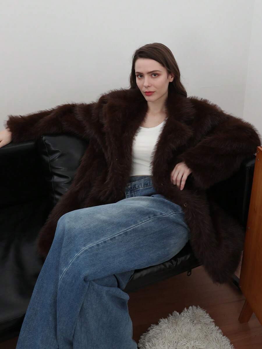 HH Women Vintage Solid Faux Fur Coat Loose Casual Long Sleeve Lapel Jacket Winter Thick Warm Outerwear Oversize Style