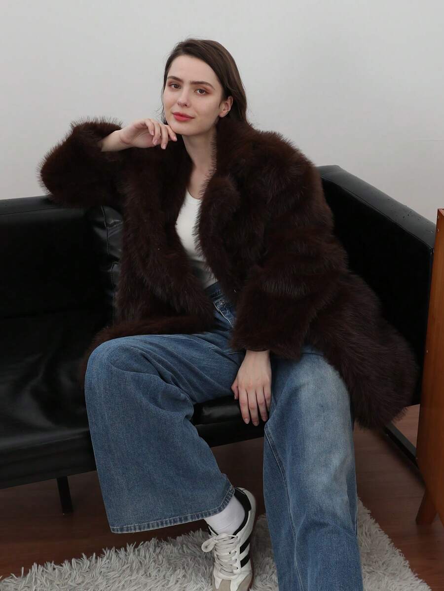HH Women Vintage Solid Faux Fur Coat Loose Casual Long Sleeve Lapel Jacket Winter Thick Warm Outerwear Oversize Style