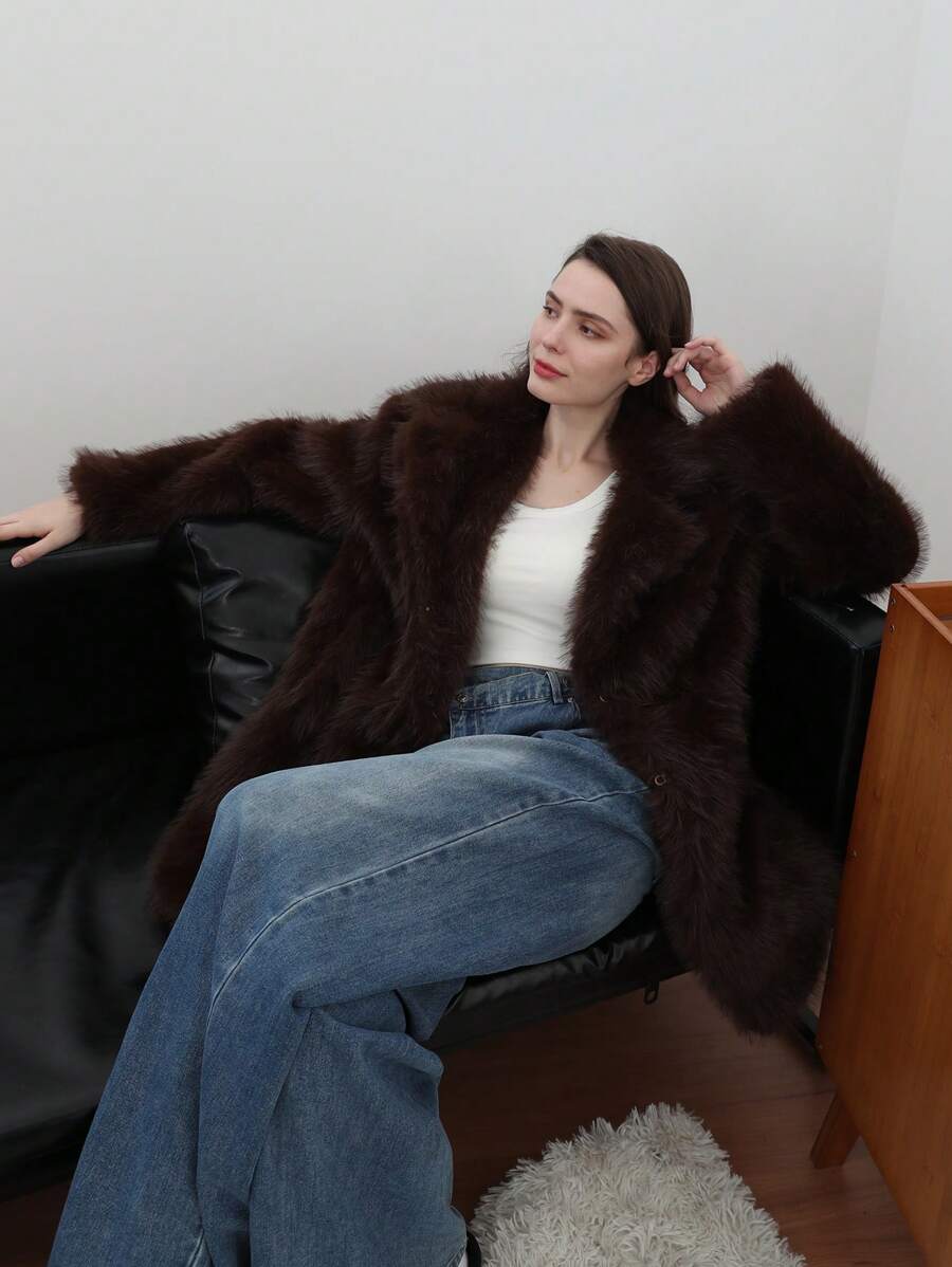 HH Women Vintage Solid Faux Fur Coat Loose Casual Long Sleeve Lapel Jacket Winter Thick Warm Outerwear Oversize Style