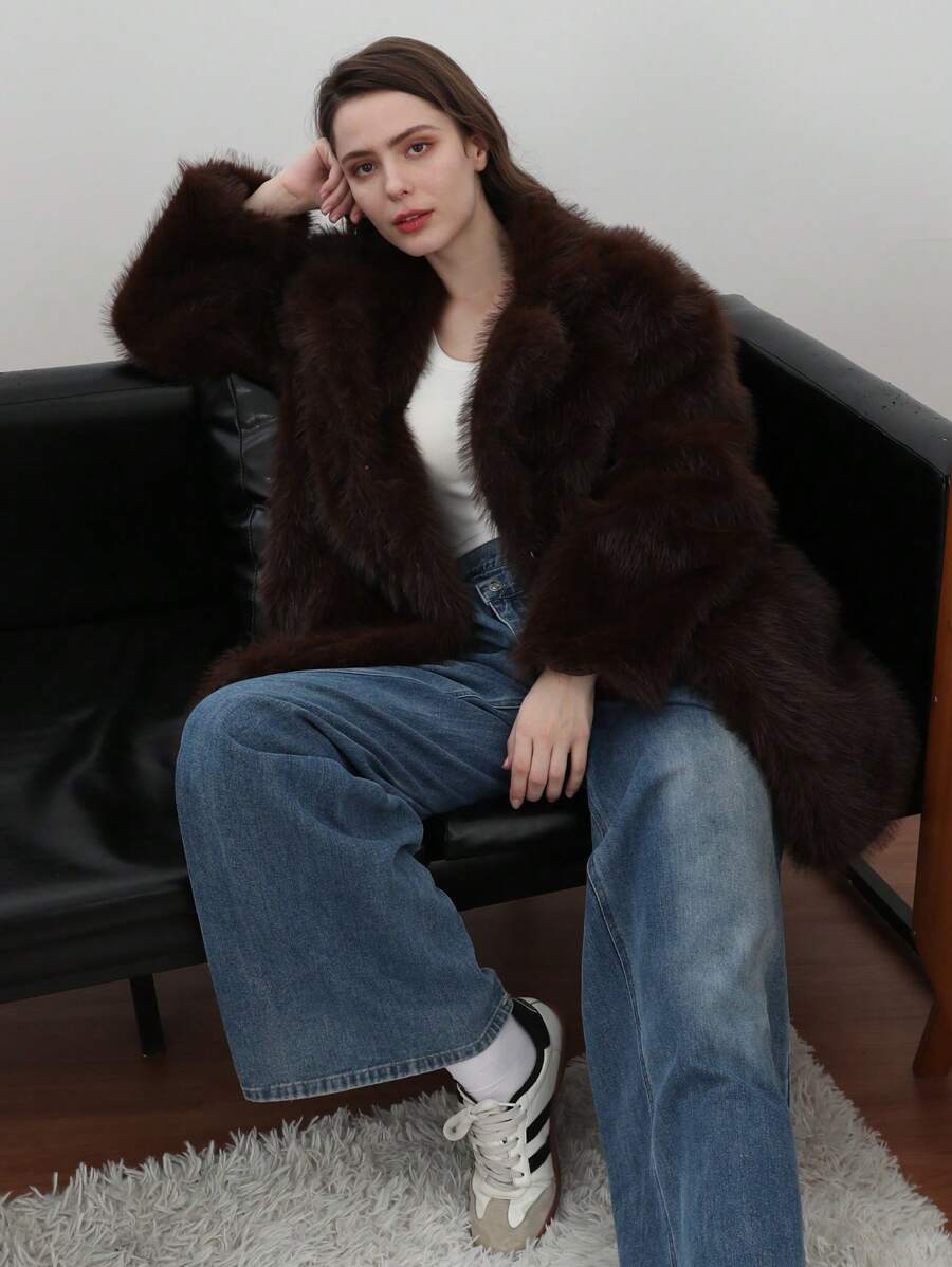 HH Women Vintage Solid Faux Fur Coat Loose Casual Long Sleeve Lapel Jacket Winter Thick Warm Outerwear Oversize Style