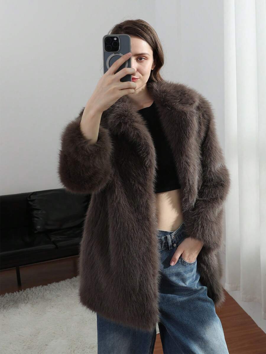 HH Women Vintage Solid Faux Fur Coat Loose Casual Long Sleeve Lapel Jacket Winter Thick Warm Outerwear Oversize Style