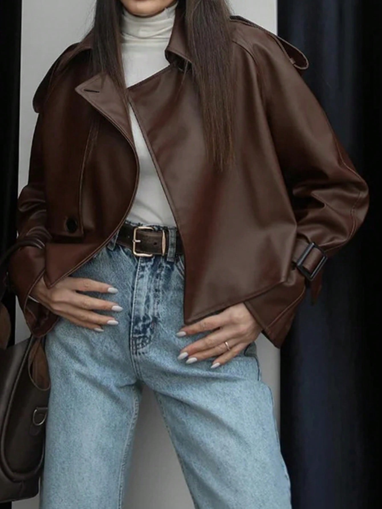 1pc Solid Color PU Leather Faux Button Women PU Jacket, Suitable For Date Night, Everyday Wear, Airport Outfit, Autumn/Winter