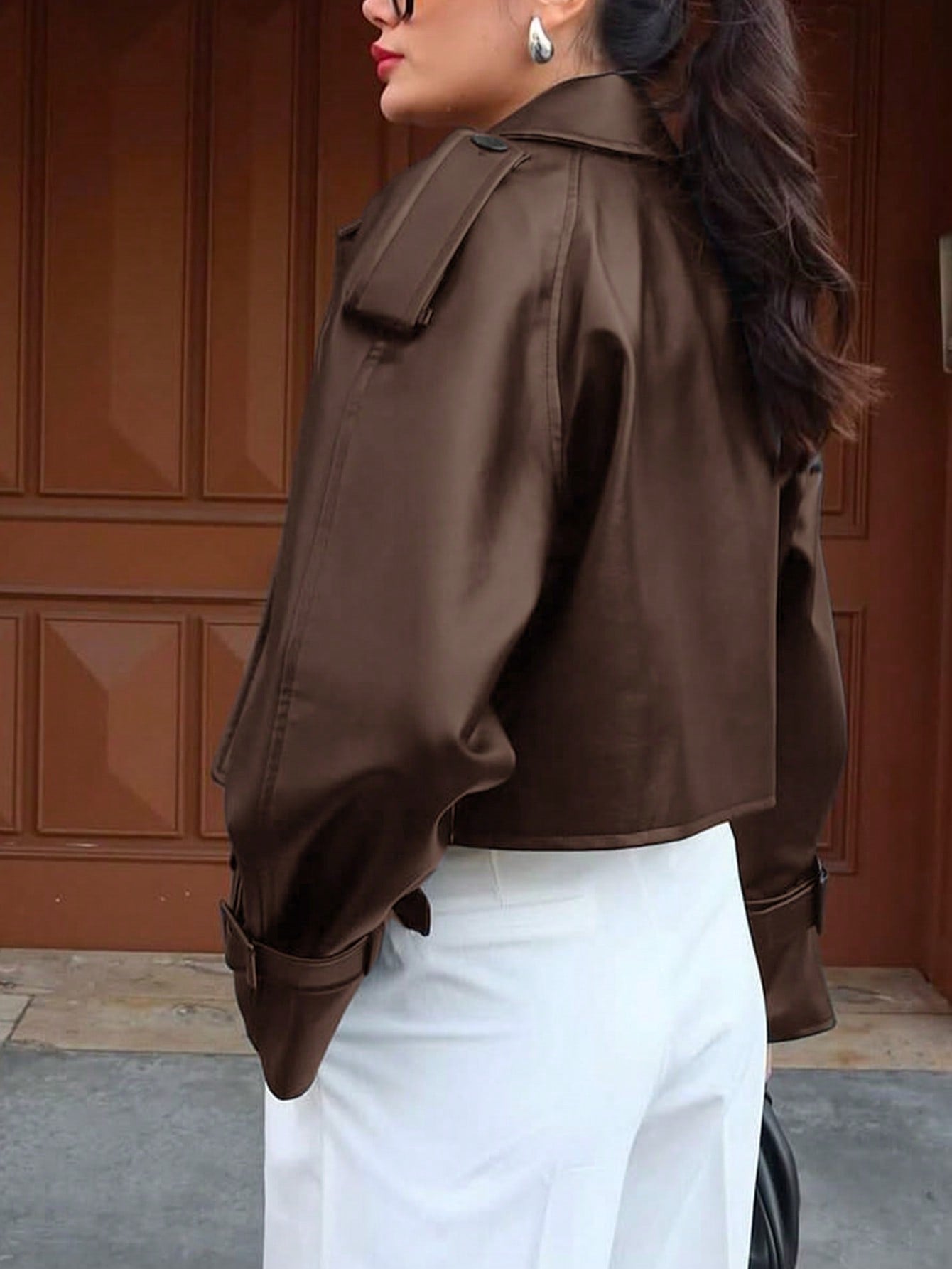1pc Solid Color PU Leather Faux Button Women PU Jacket, Suitable For Date Night, Everyday Wear, Airport Outfit, Autumn/Winter