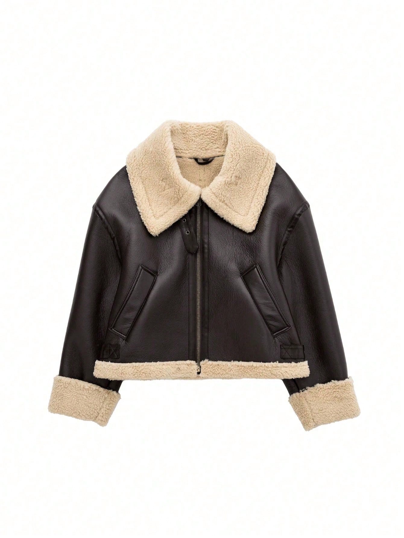 Camellia Winter New Short Warm Double-Sided Motorcycle Jacket, Women's Brown Faux Leather Shearling Collar Coat