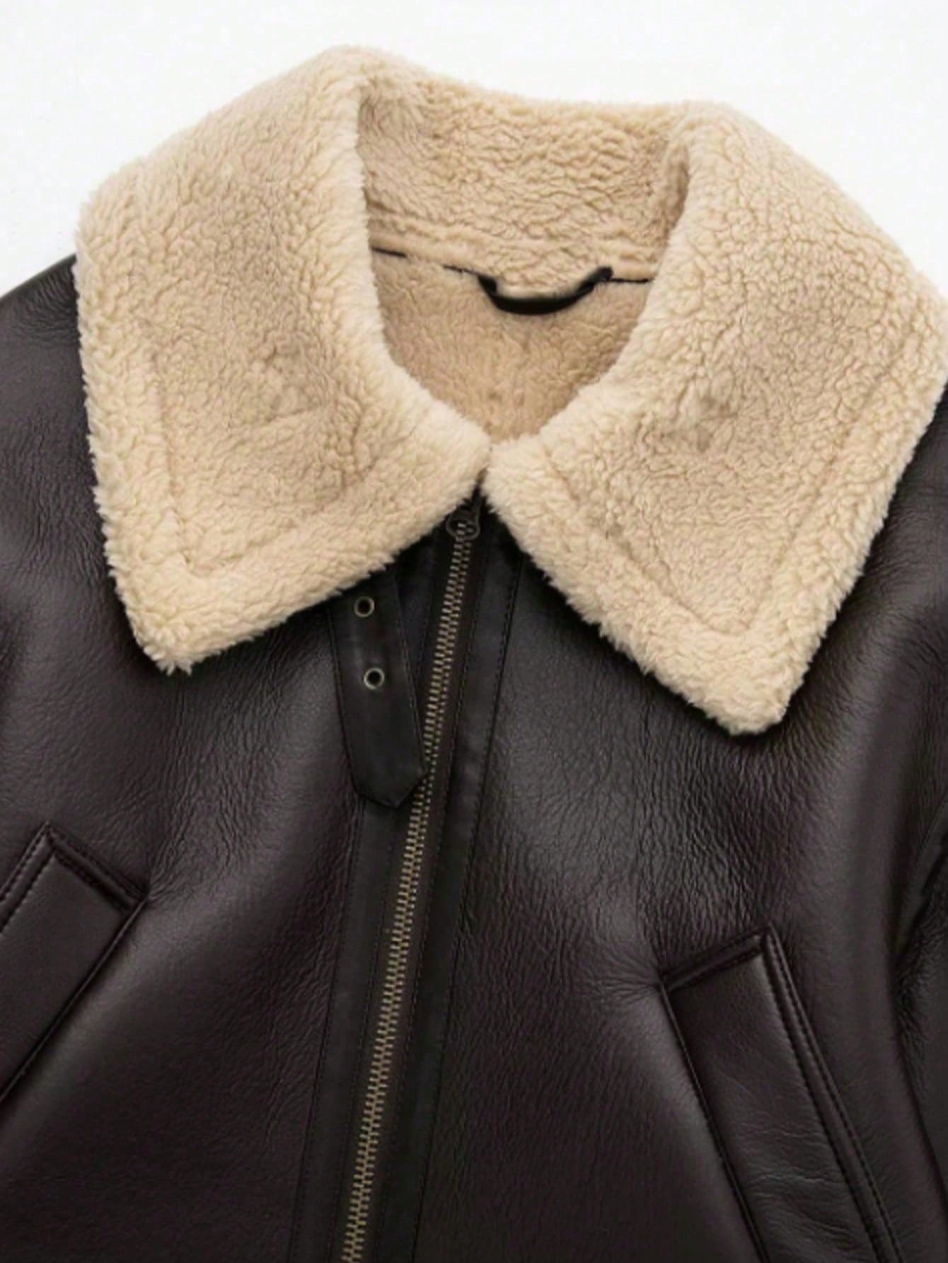 Camellia Winter New Short Warm Double-Sided Motorcycle Jacket, Women's Brown Faux Leather Shearling Collar Coat