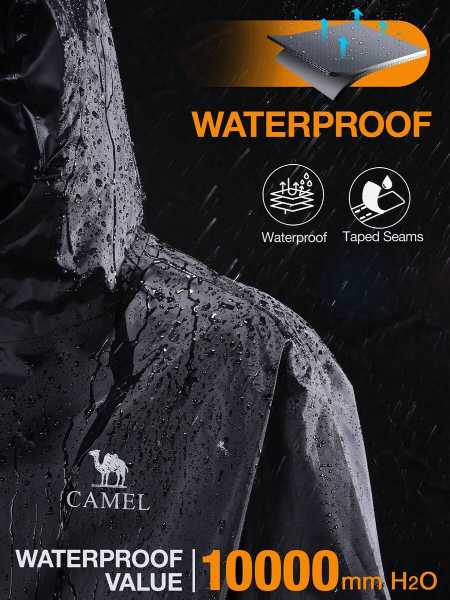 CAMEL CROWN Men's Waterproof Rain Jacket; Lightweight Windproof Hooded Raincoat, Suitable For Cycling, Hiking, Running, Golf