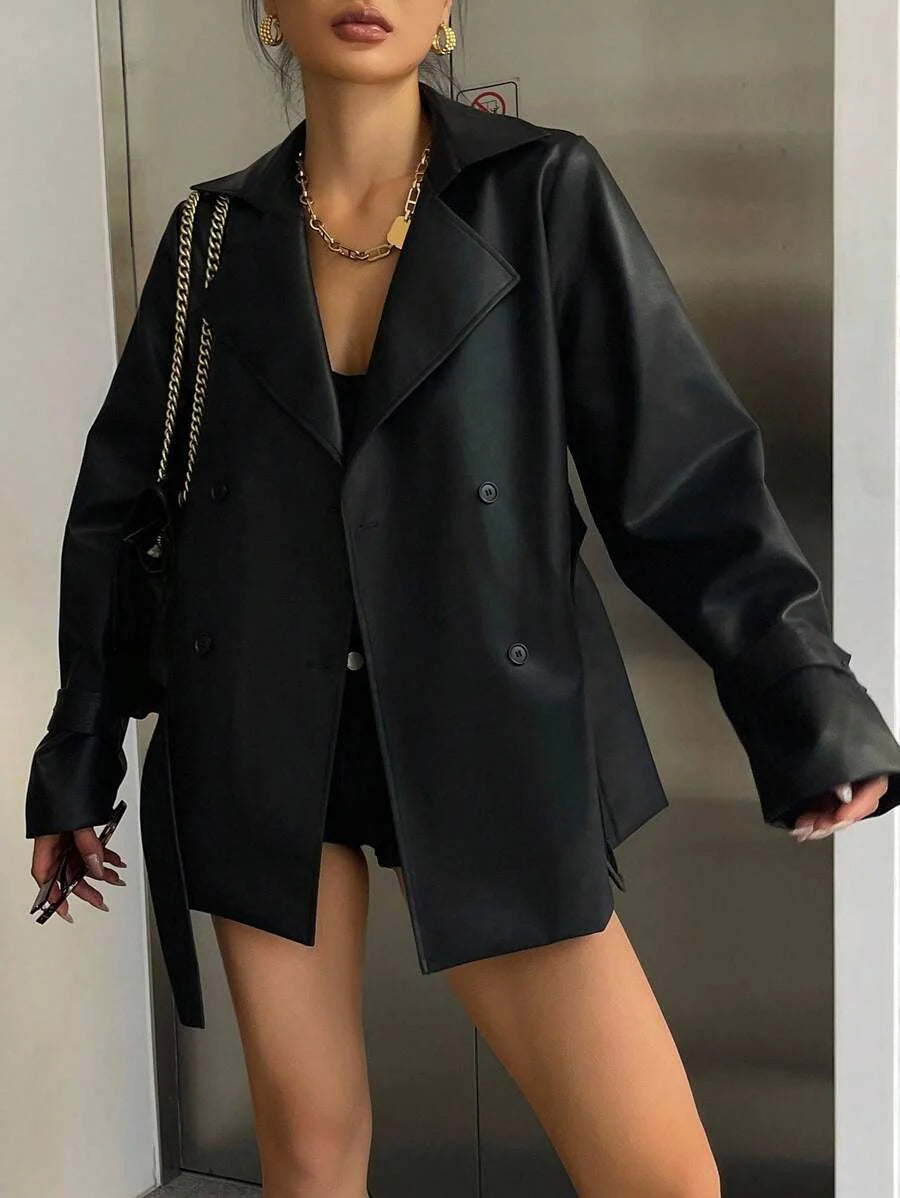 DAZY Women's Casual Belted Blazer Jacket With Lapel, Regular Fit, Autumn