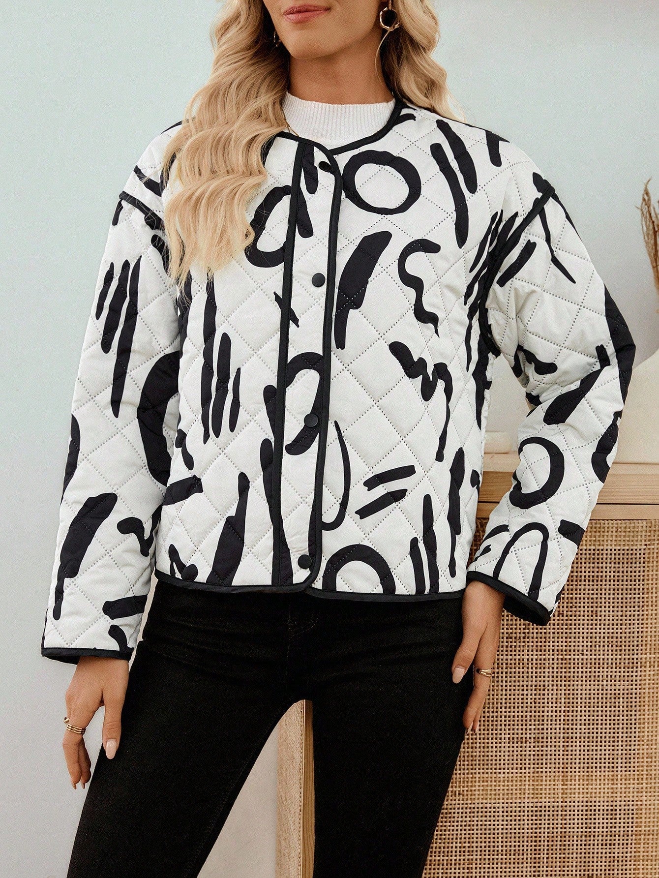 EMERY ROSE Women's Fashionable Versatile Printed Jacket, Winter Quilted Jacket Artwork Print Jacket Graphic Print Jacket Women Jacket
