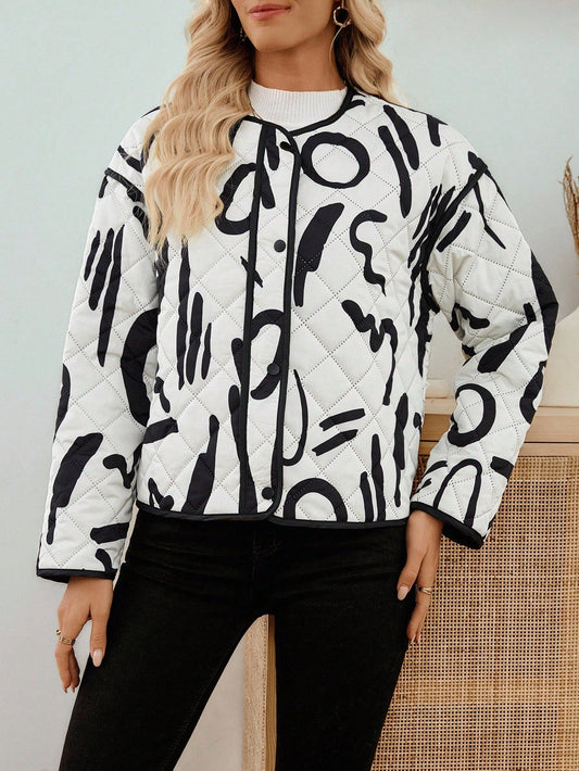 EMERY ROSE Women's Fashionable Versatile Printed Jacket, Winter Quilted Jacket Artwork Print Jacket Graphic Print Jacket Women Jacket