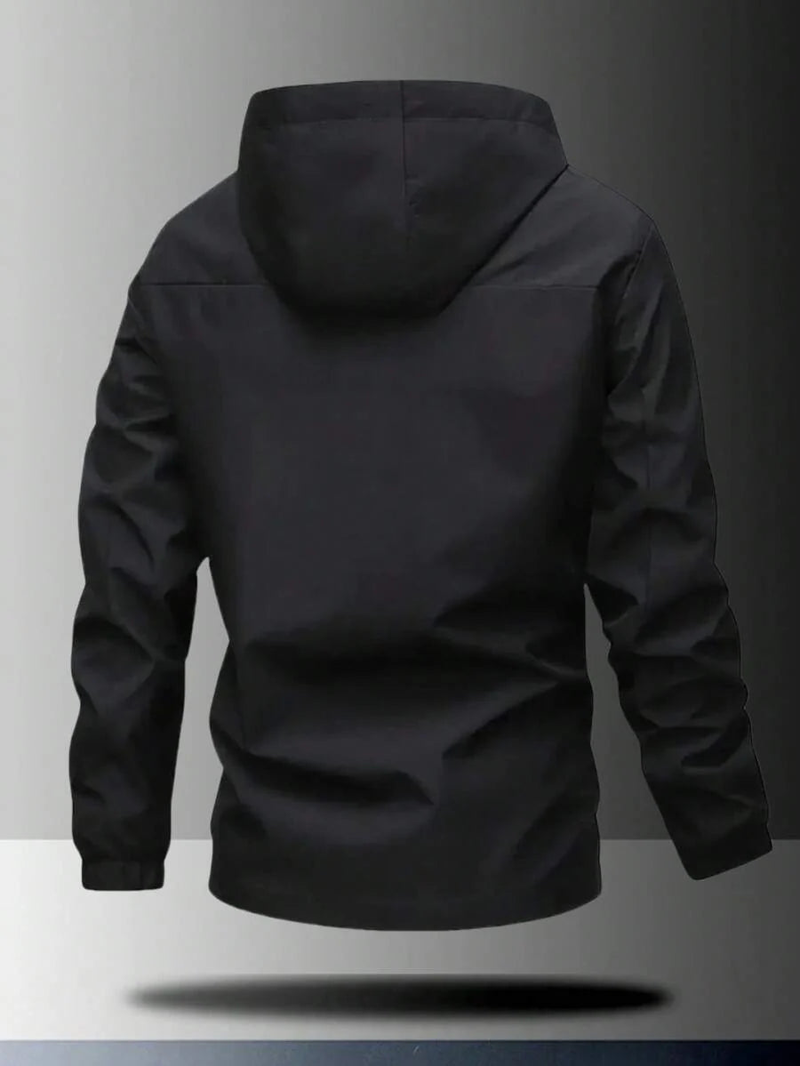 1pc Men's Lightweight Windproof Waterproof Hooded Jacket With Letter Print, Casual Outdoor Hiking Camping Workout, Autumn/Winter
