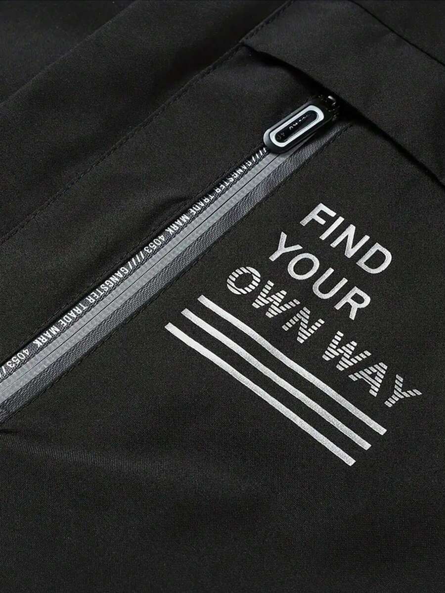 1pc Men's Lightweight Windproof Waterproof Hooded Jacket With Letter Print, Casual Outdoor Hiking Camping Workout, Autumn/Winter