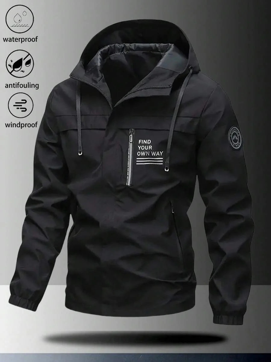 1pc Men's Lightweight Windproof Waterproof Hooded Jacket With Letter Print, Casual Outdoor Hiking Camping Workout, Autumn/Winter