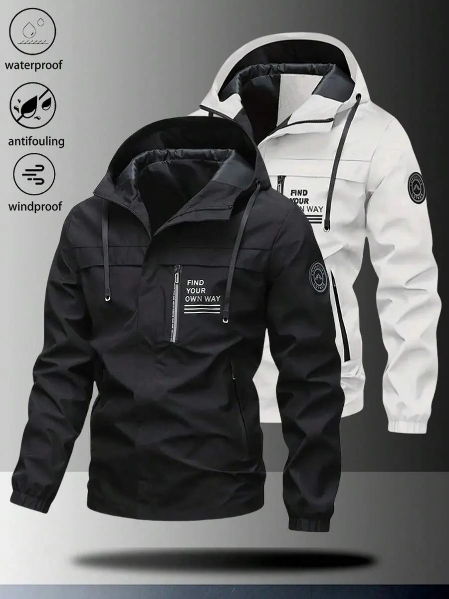 1pc Men's Lightweight Windproof Waterproof Hooded Jacket With Letter Print, Casual Outdoor Hiking Camping Workout, Autumn/Winter