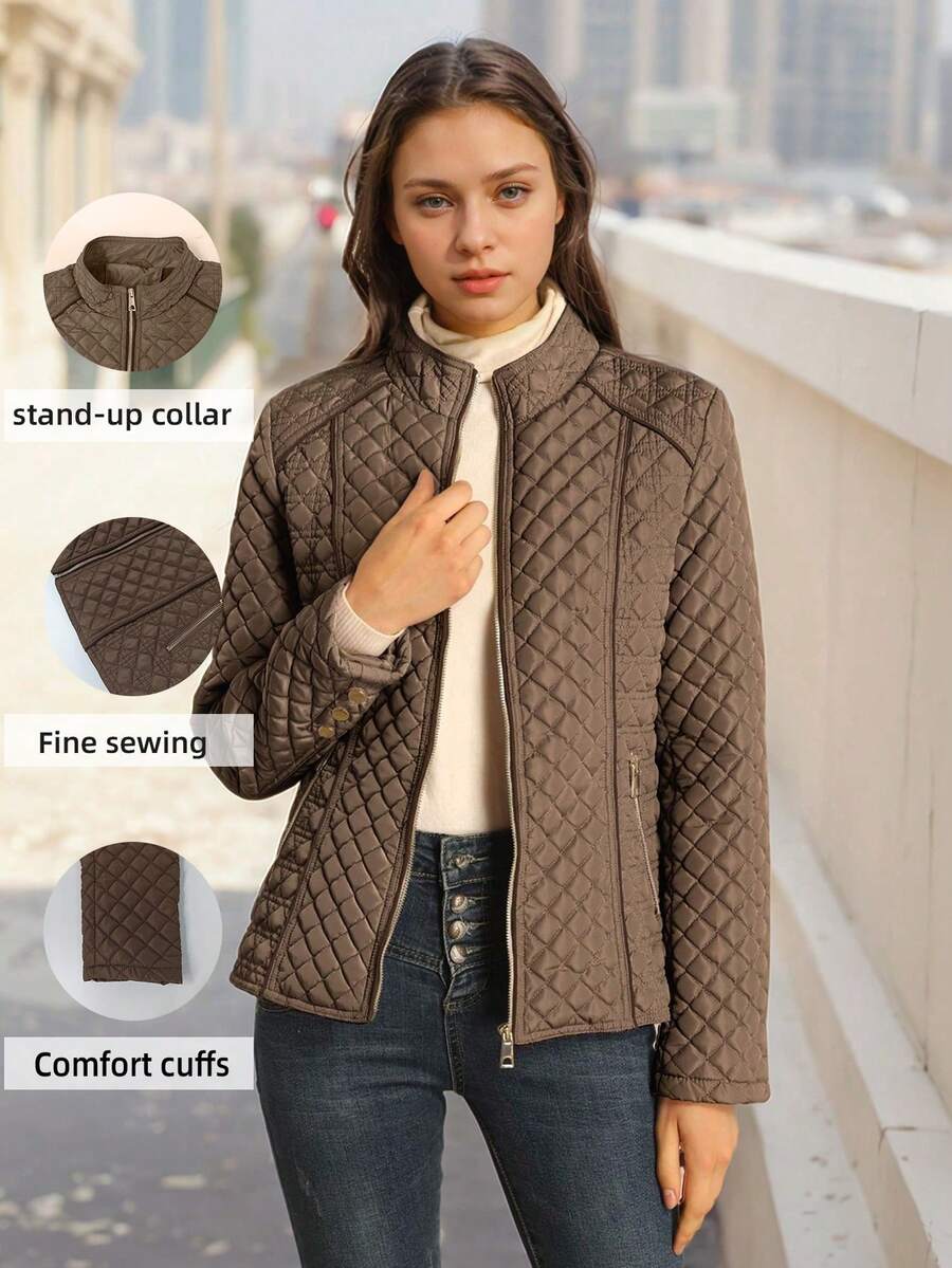 Giolshon Women's Streetwear Casual Hooded Padded Jacket With Pockets, Lightweight Quilted Padded Coat For Spring/Fall/Winter Daily Wear