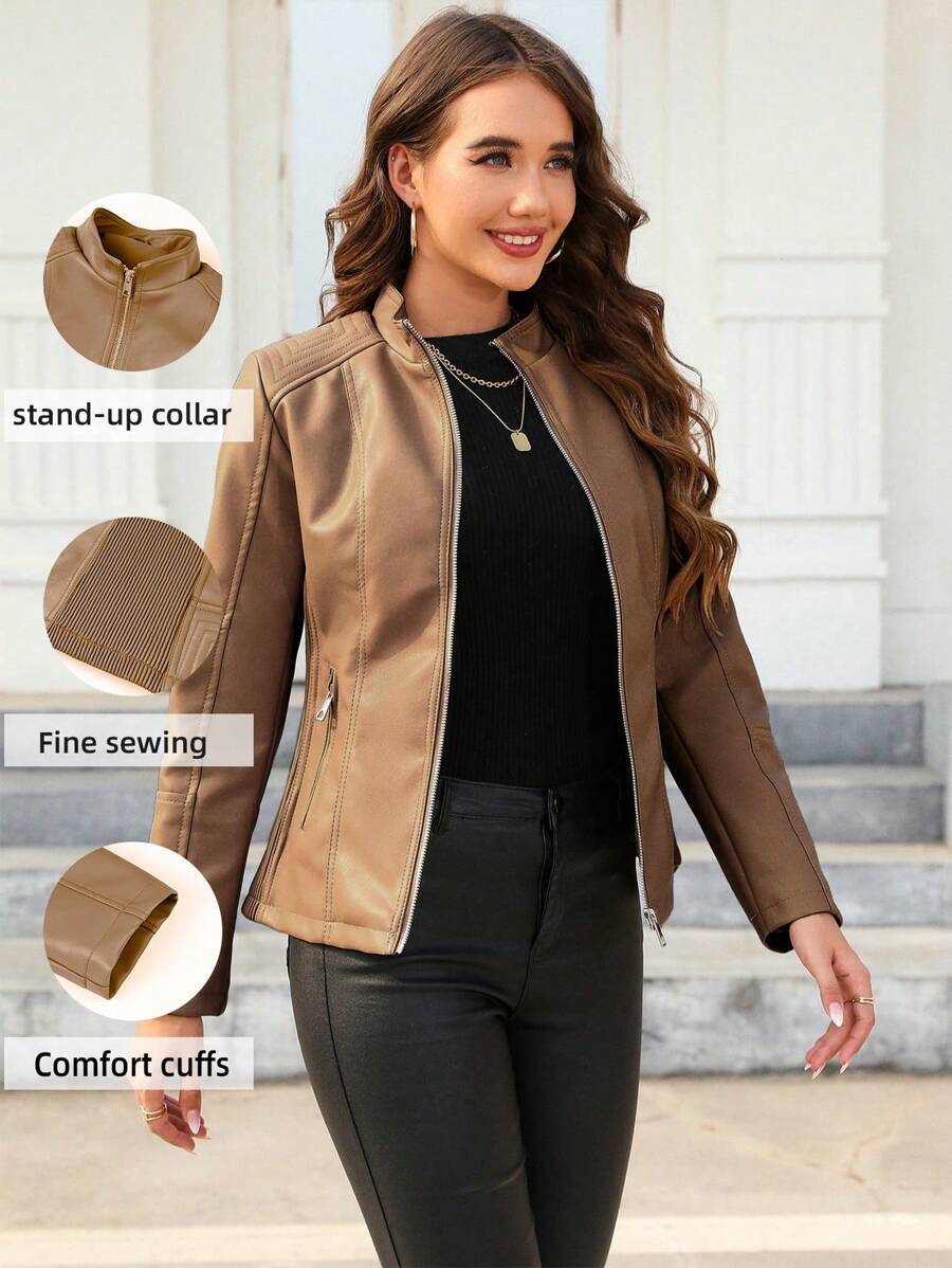Giolshon Women's Fall/Winter Faux Leather Biker Jacket - Asymmetric Zip, Stand Collar For Edgy Commuting